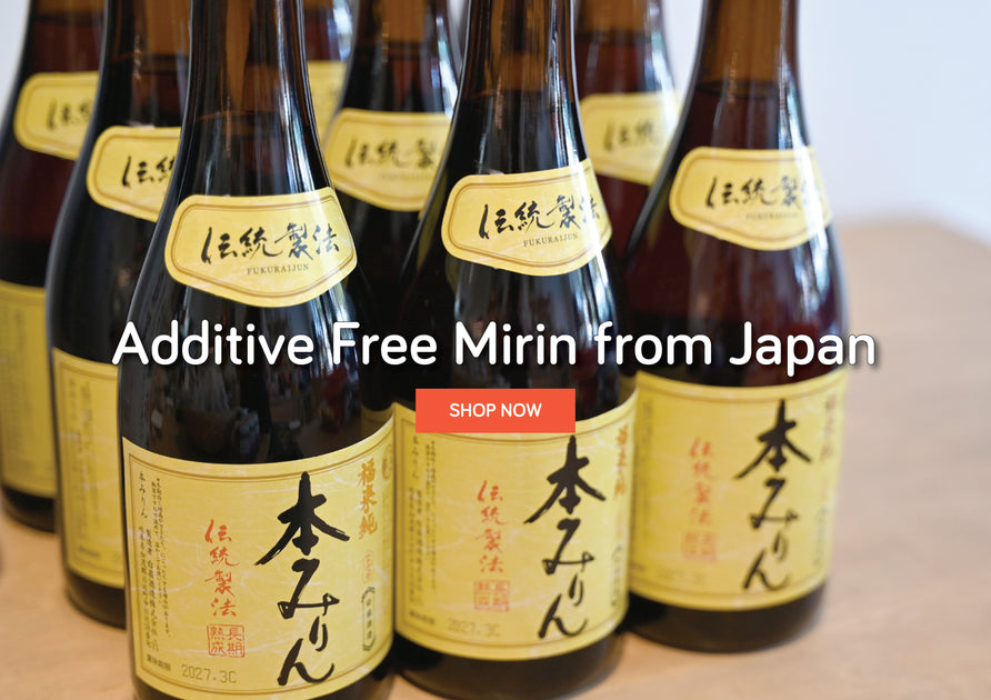 Additive Free Mirin from Japan. Bottles on a table in the shop.
